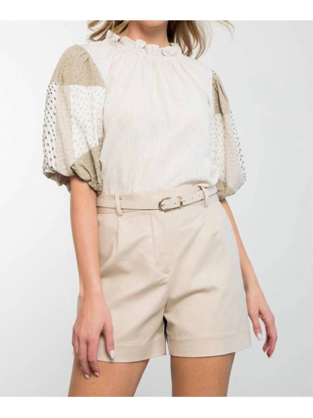 THML Aileen Textured Puff Sleeve Cotton Linen Blend Top